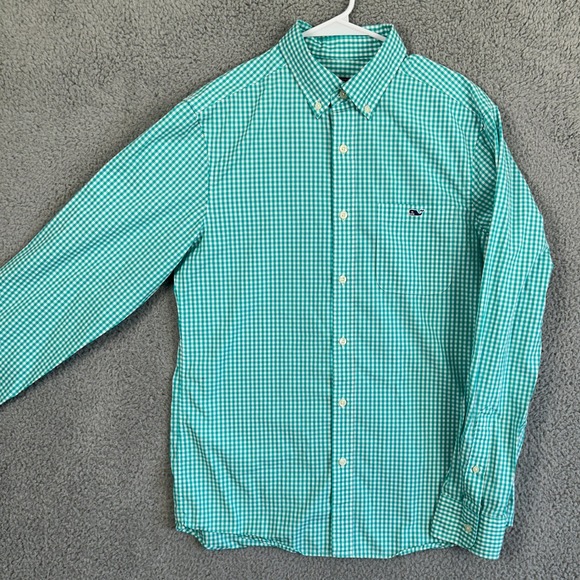 Vineyard Vines Shirt Button Down Mens Small Teal White Pin Check Stretch Pocket